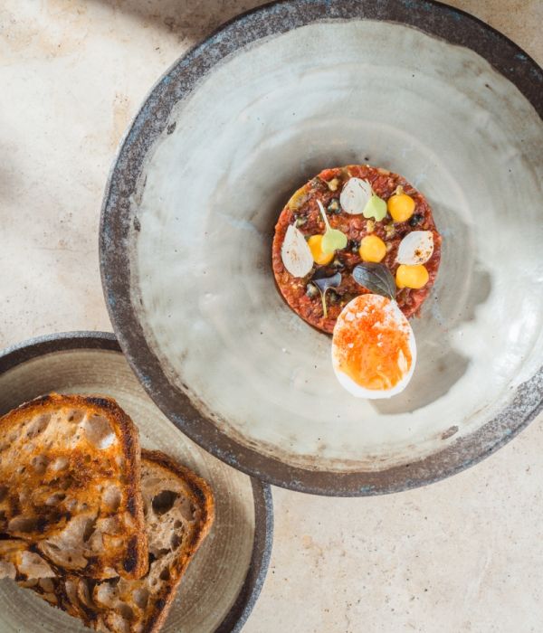 Beef Tartare with Tomato Jam and Pickled Wild Garlic Buds